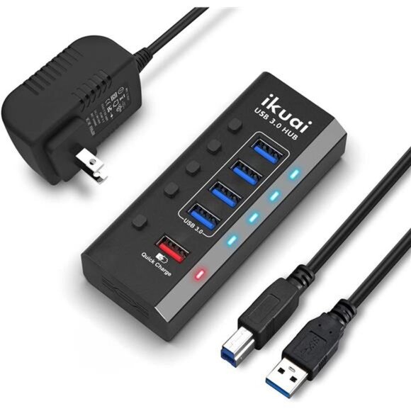 Powered USB 3.0 Hub 5-Port USB A Splitter Ultra- Slim USB Drive Hub, High-Speed - Picture 1 of 6